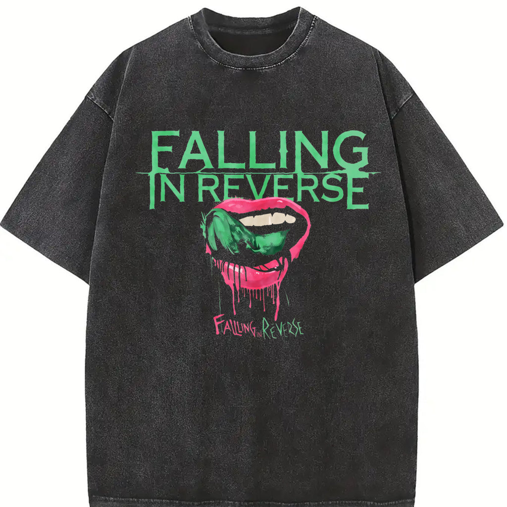 Retro Falling in Reverse Lips band t shirts Washed Tee, vintage clothing Rock Band, Oversize Streetwear Heavy Cotton Top, Unisex Alternative Metal Concert grunge clothes