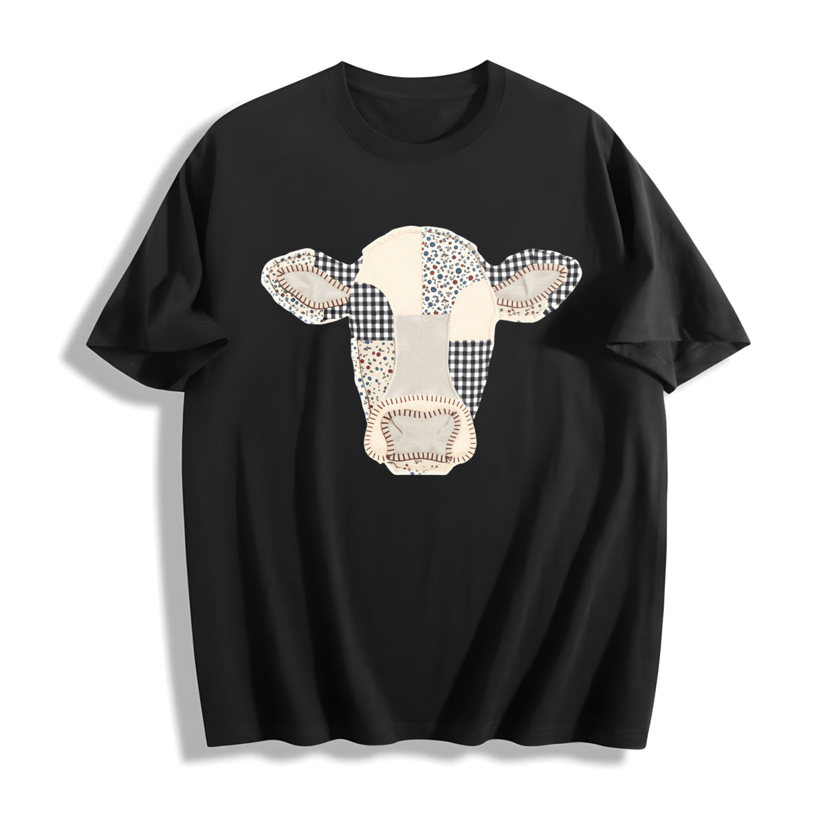 Faux Patchwork Cow Cotton T-Shirt - Black