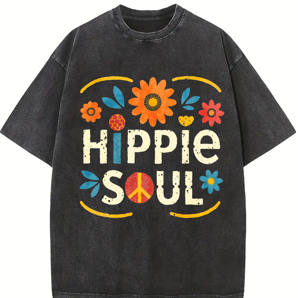 180 g 1pc bold style| HIPPIE SOUL WOMEN'S T-SHIRT- COLORFUL FLORALS WITH PEACE LOGO PATTERN, CASUAL SHORT-SLEEVED CREW NECK, HIPPIE OUTFIT