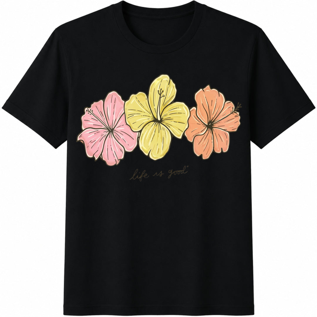 Short-sleeved With Floral Cotton T-Shirt - Black