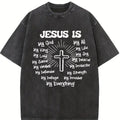 Cross, Jesus, God, religious belief, 230g high-quality double-sided printed T-shirt with round neck and short sleeves, vintage washed, everyday, casual, 100% cotton, round neck, loose fit. old picture