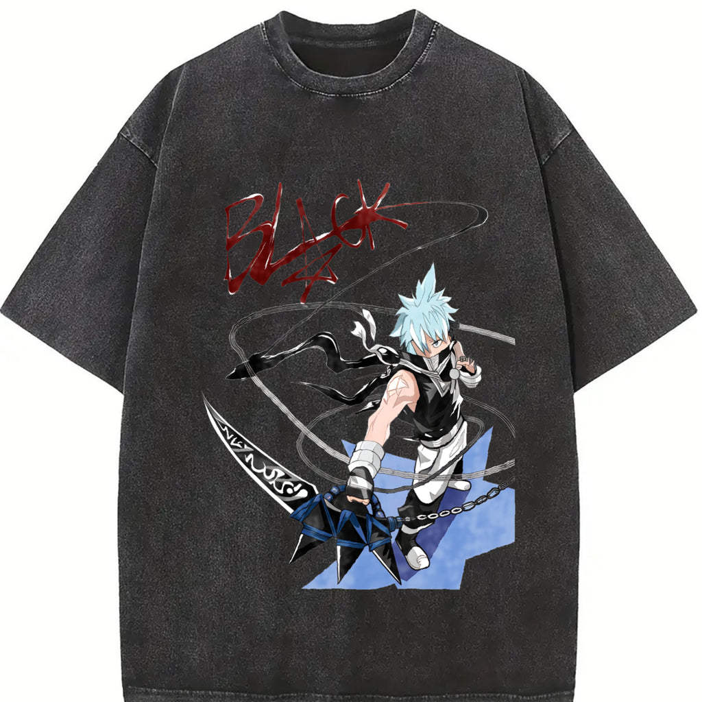 Soul Eater - Black Star Anime Washed T-Shirt | Double-sided, Unisex Design, Japanese Manga Merchandise, Men'S T-Shirt, Retro Black, Retro Streetwear, Casual Style, Regular Fit, Crew Neck, Summer Season Tshirt Cotton