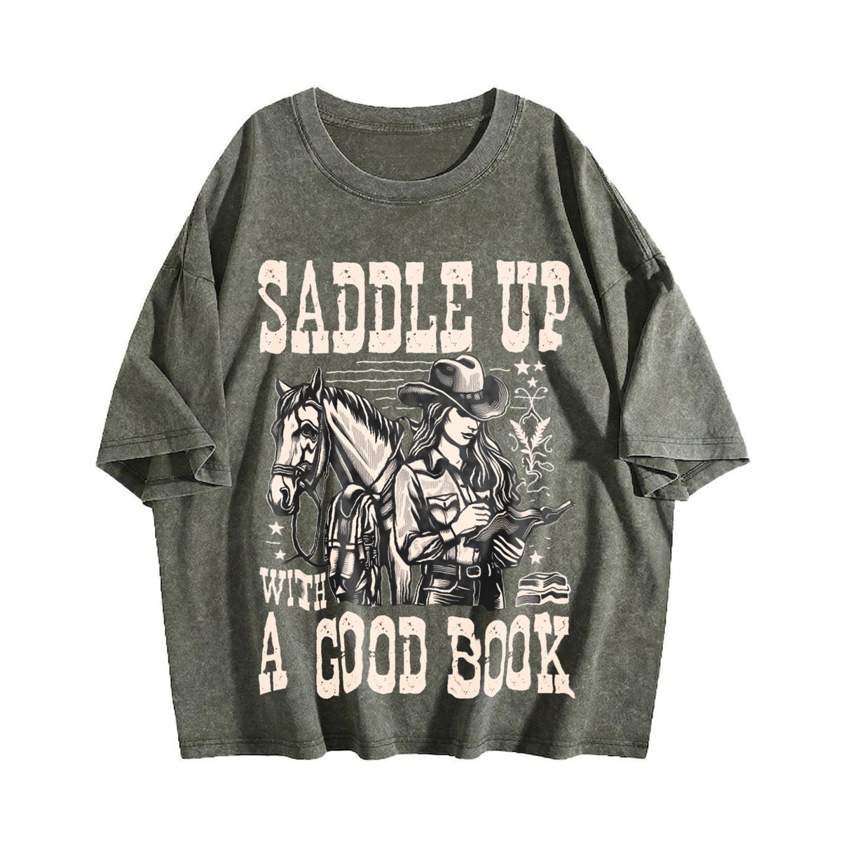 Cowgirl Saddle Up A Good Book Western Vintage Washed T-Shirt - product view
