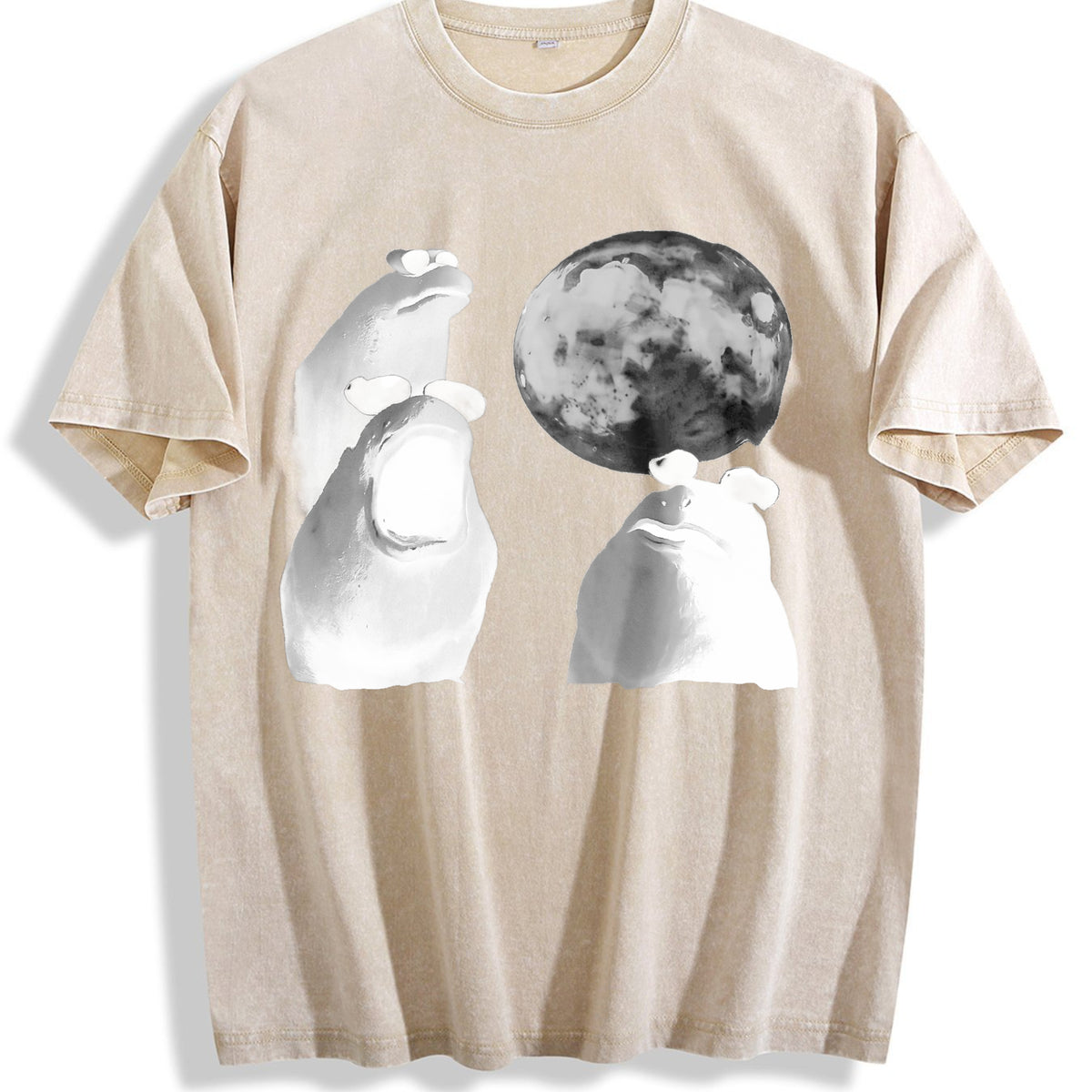Viral Moon Frog Meme Vintage Washed T-Shirt - Beige