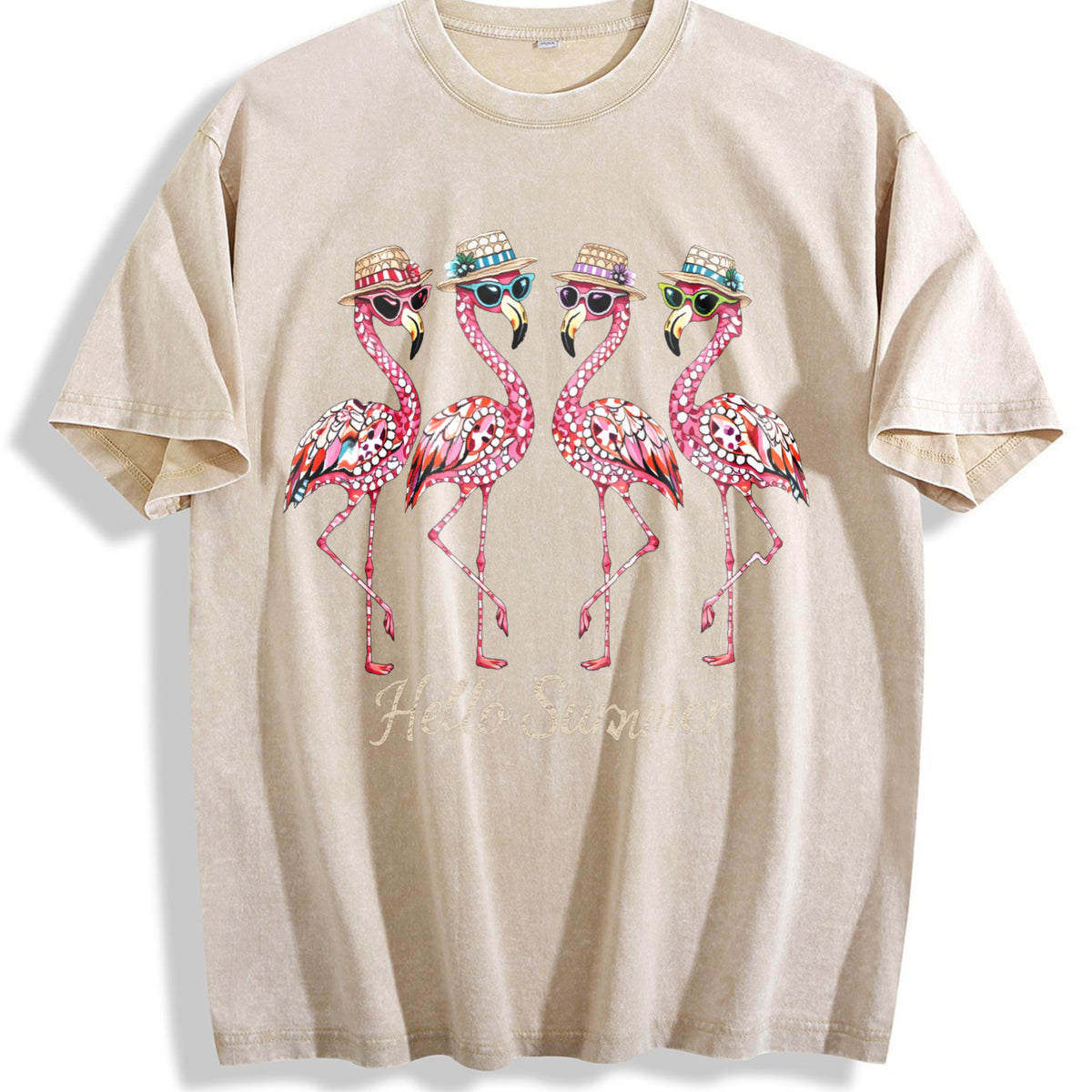Flamingo Summer Vintage Washed T-Shirt - Beige