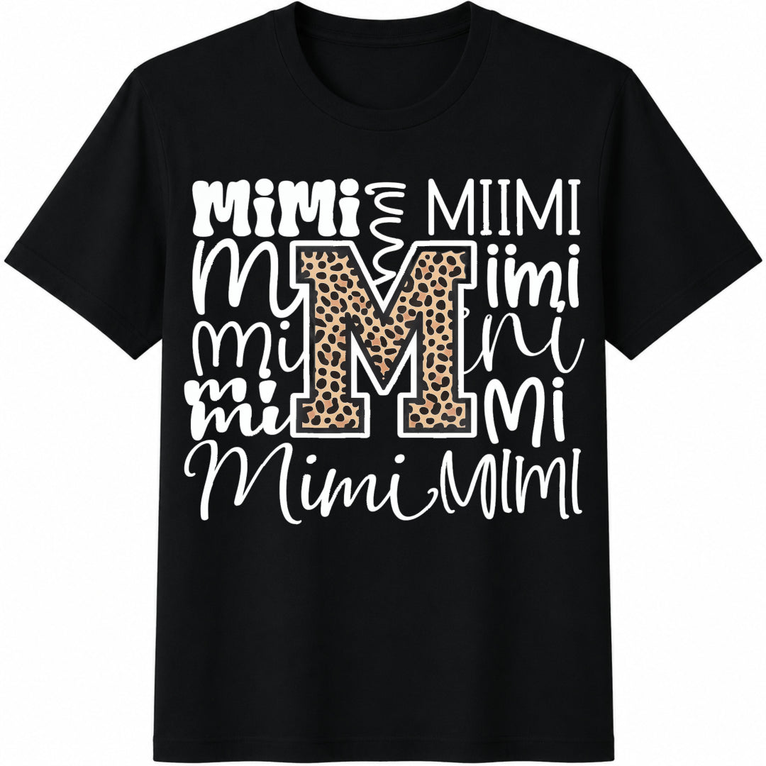 Mimi - Black With Leopard Mimi Face & Name Cotton T-Shirt - Black