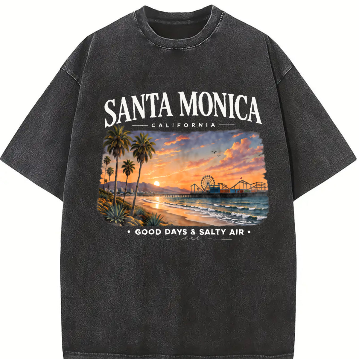Santa Monica California - Beach Vacation Travel Pier Vintage Washed T-Shirt - product view