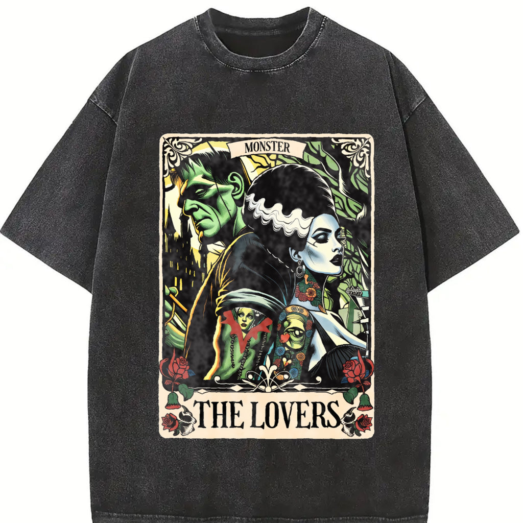 100% Cotton Unisex The Monster Frankenstein And Bride The Lovers Tarot Card T-Shirt Casual Top