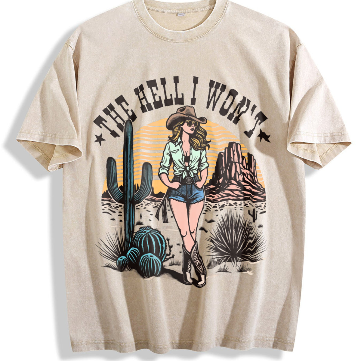 Cowgirl The Hell I Won't Western 90s Vintage Washed T-Shirt - Beige