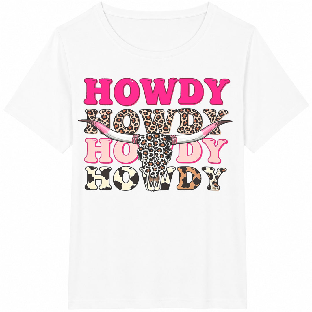 Western Howdy Cowgirl Leopard Bull Skull - Black With Pink Cotton T-Shirt - product view
