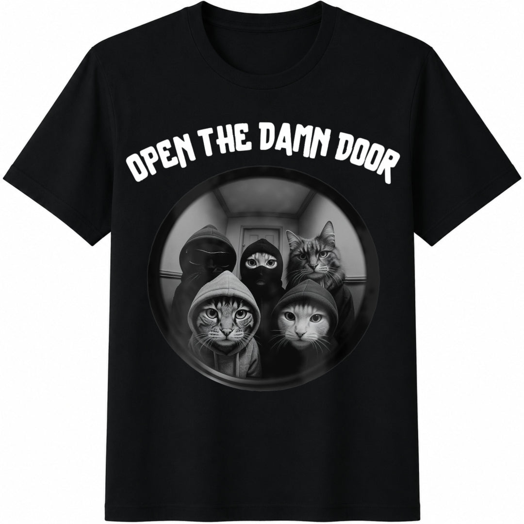 Open The Door Cats Meme Cotton T-Shirt - Black