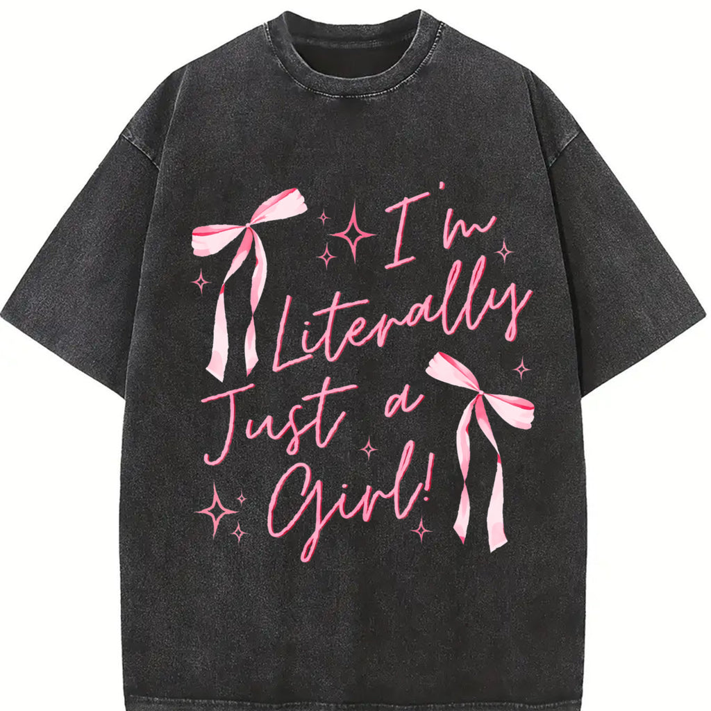 Im Literally Just A Girl Tshirt, Trendy Girly Shirt, Bow Sticker T-Shirt, Girlhood, Baddie, Trending Shirt Graphic Tees Womenswear