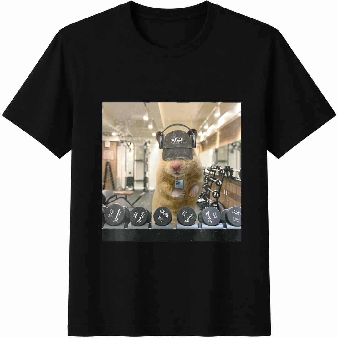 Funny Gym Hamster Selfie Cotton T-Shirt - Black