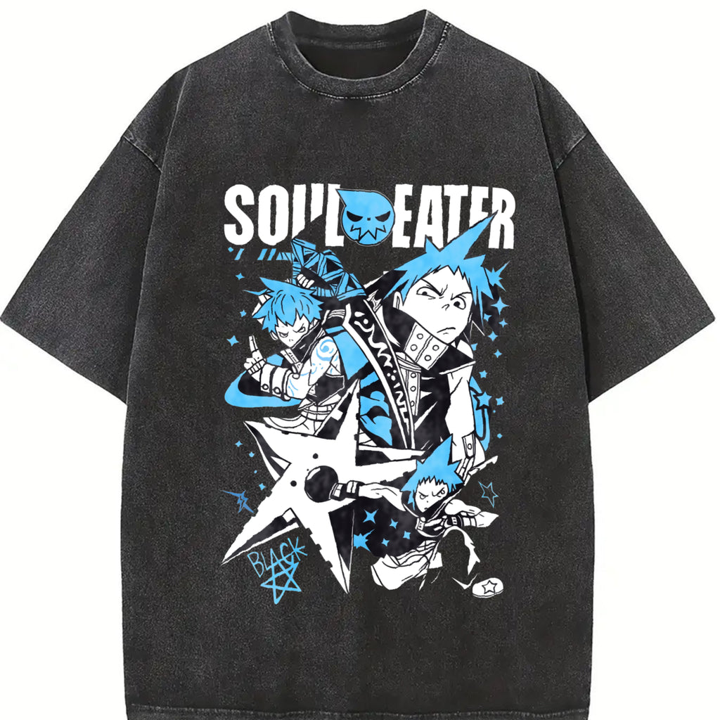 valentine shirts Japan Anime Soul Eater Black Star Printing T Shirt Men Washed T-shirts Casual Loose Tee Harajuku Male Manga Retro Tshirt