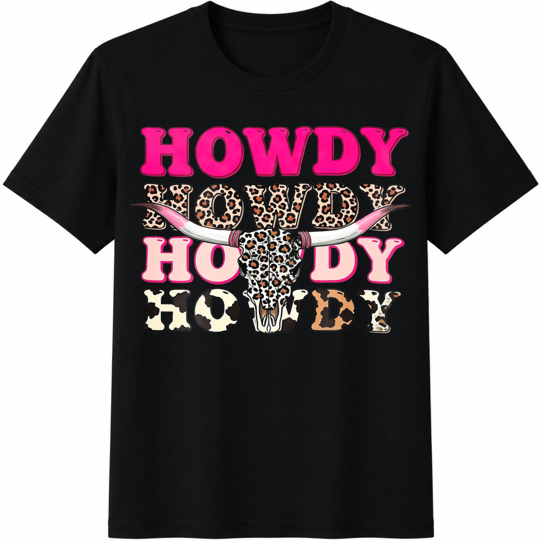 Western Howdy Cowgirl Leopard Bull Skull - Black With Pink Cotton T-Shirt - Black