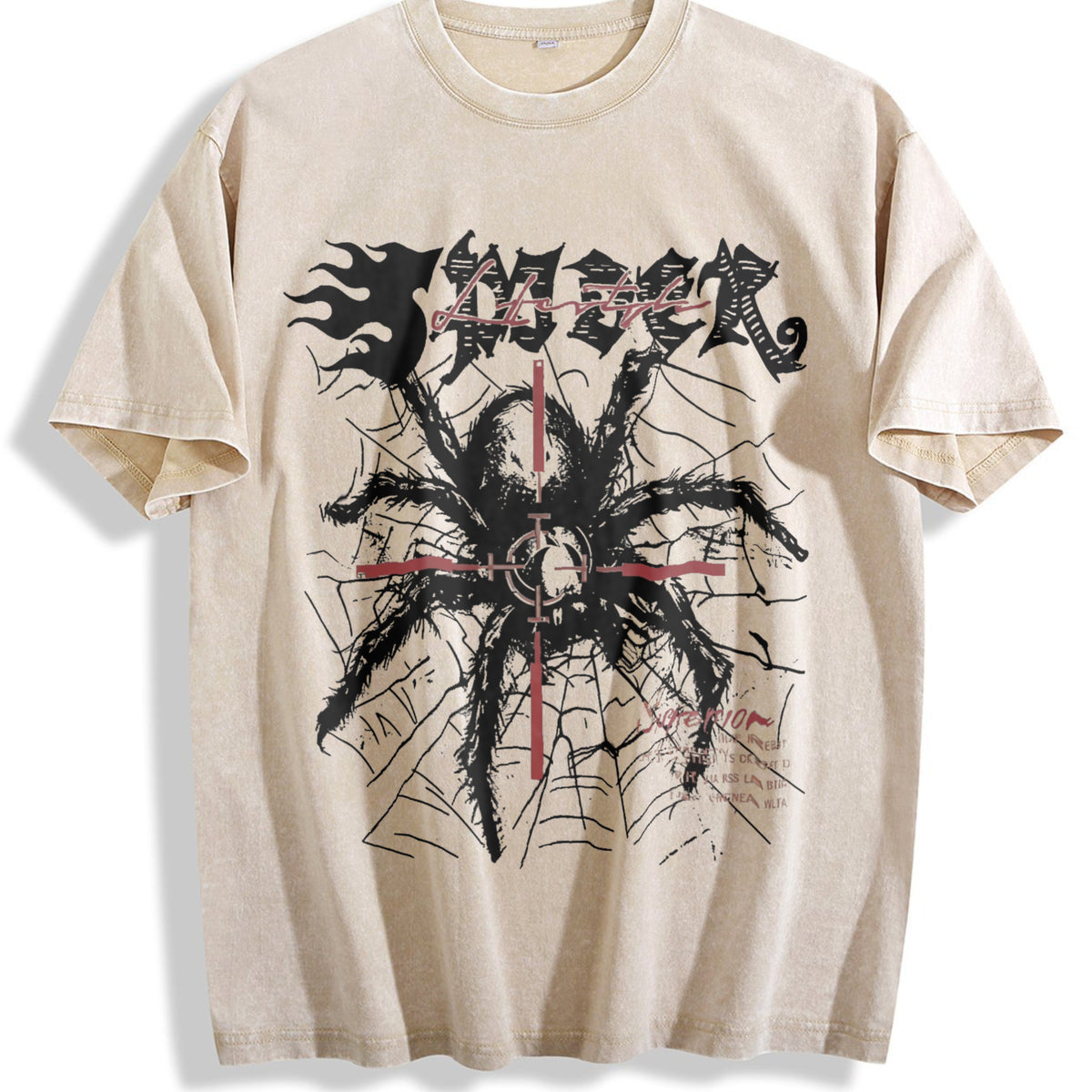 2 Piece Gothic Spider Cross & Shorts Set Vintage Washed T-Shirt - Beige