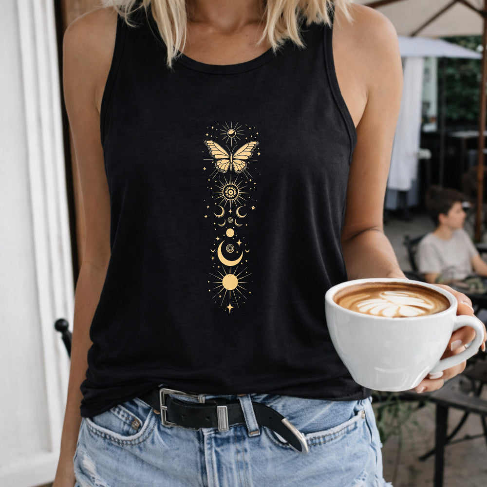 Golden Butterfly Celestial Symbols Women's Tank Top - Black
