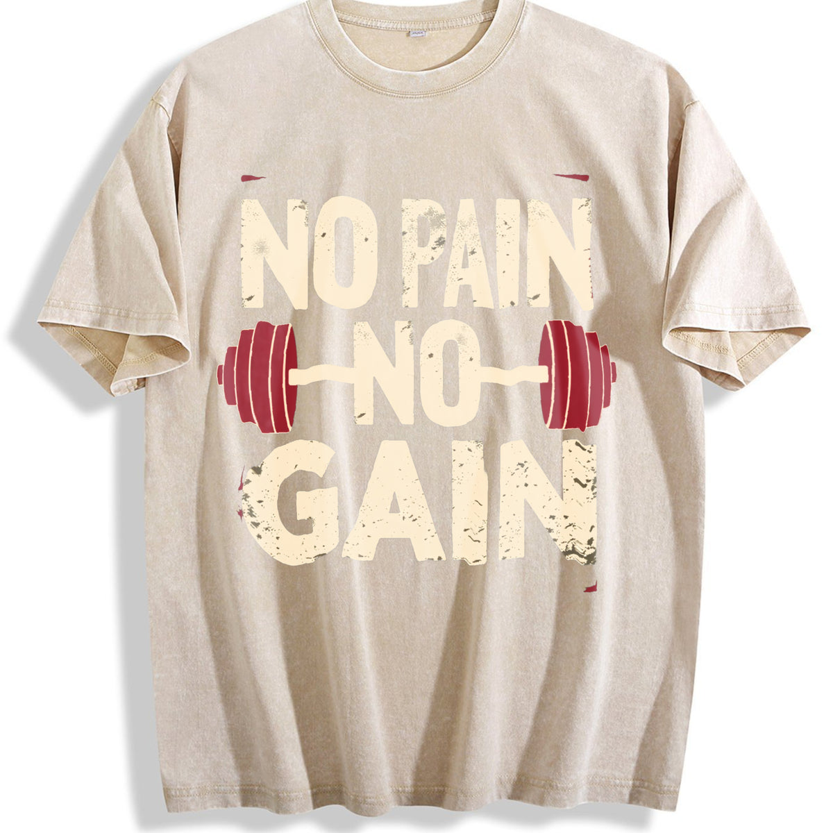 No Pain No Gain Motivational Vintage Washed T-Shirt - Beige