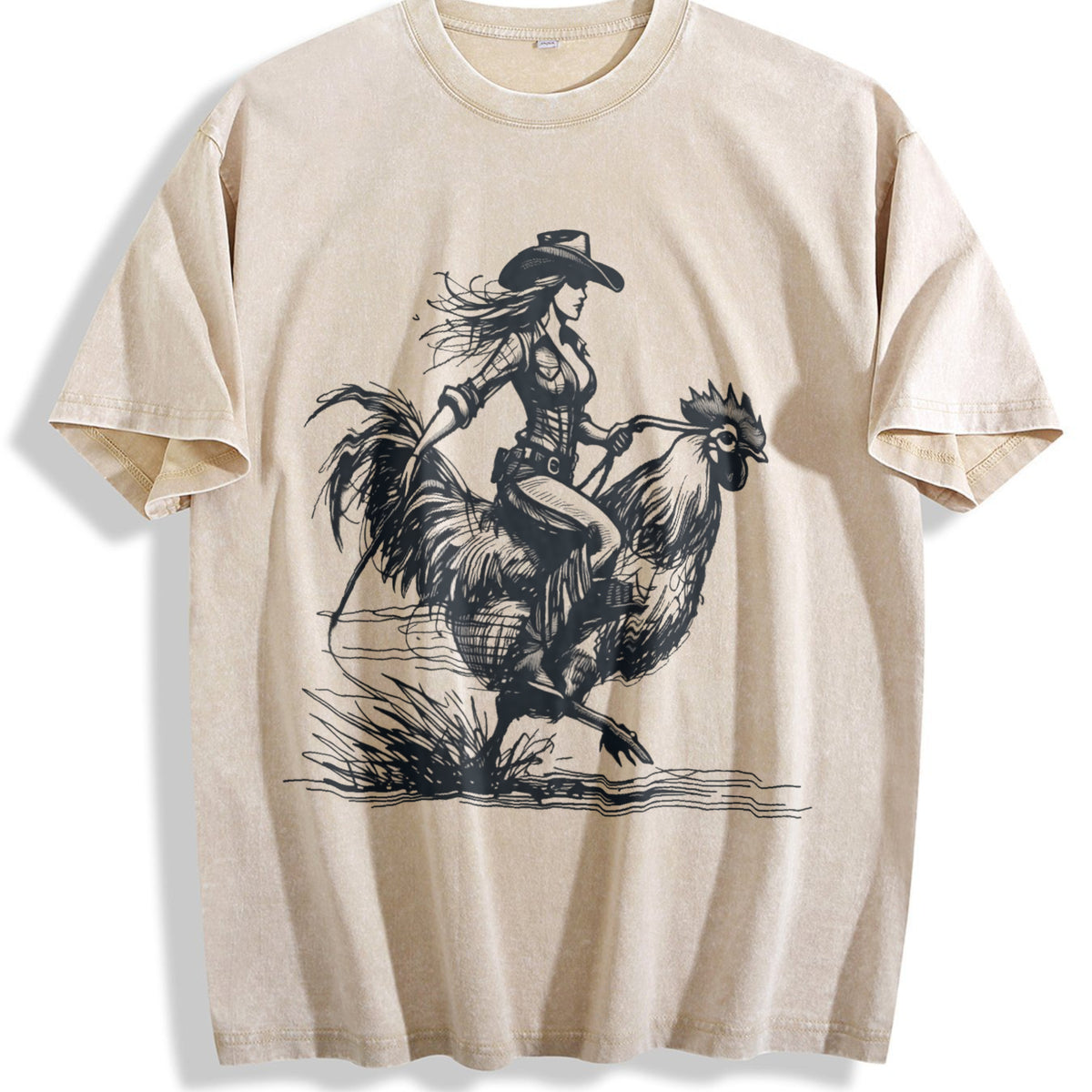 Funny Cowgirl Riding Chicken 90s Vintage Washed T-Shirt - Beige