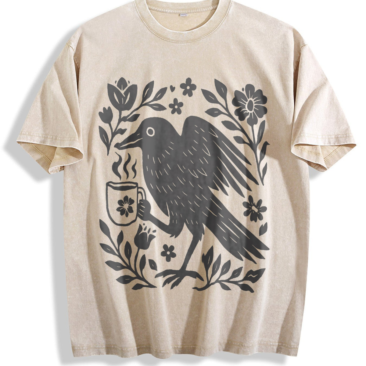 Boho Crow Vintage Washed T-Shirt - Beige