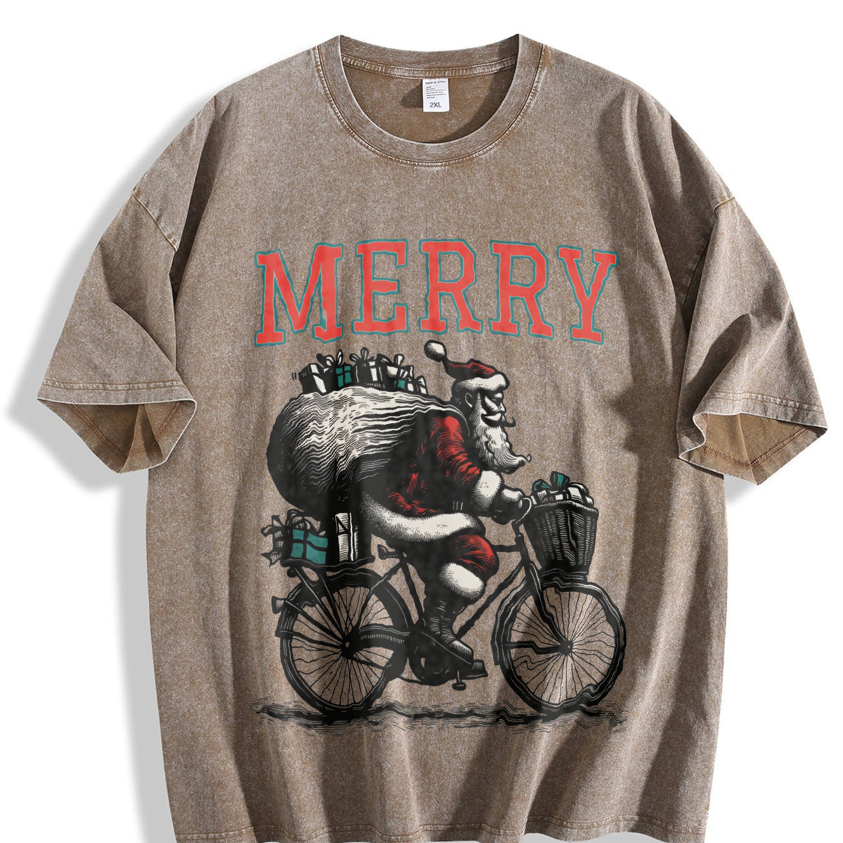 Merry Santa Riding Bike 90s Vintage Washed T-Shirt - product view