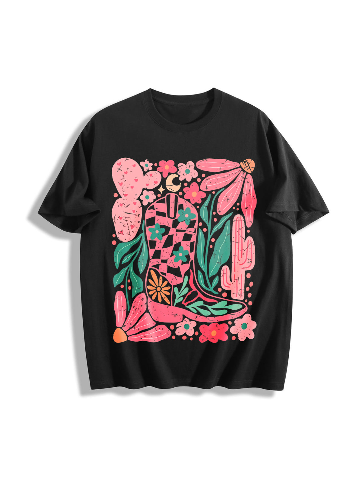 Boho Floral Cowboy Boots Cotton T-Shirt - Black
