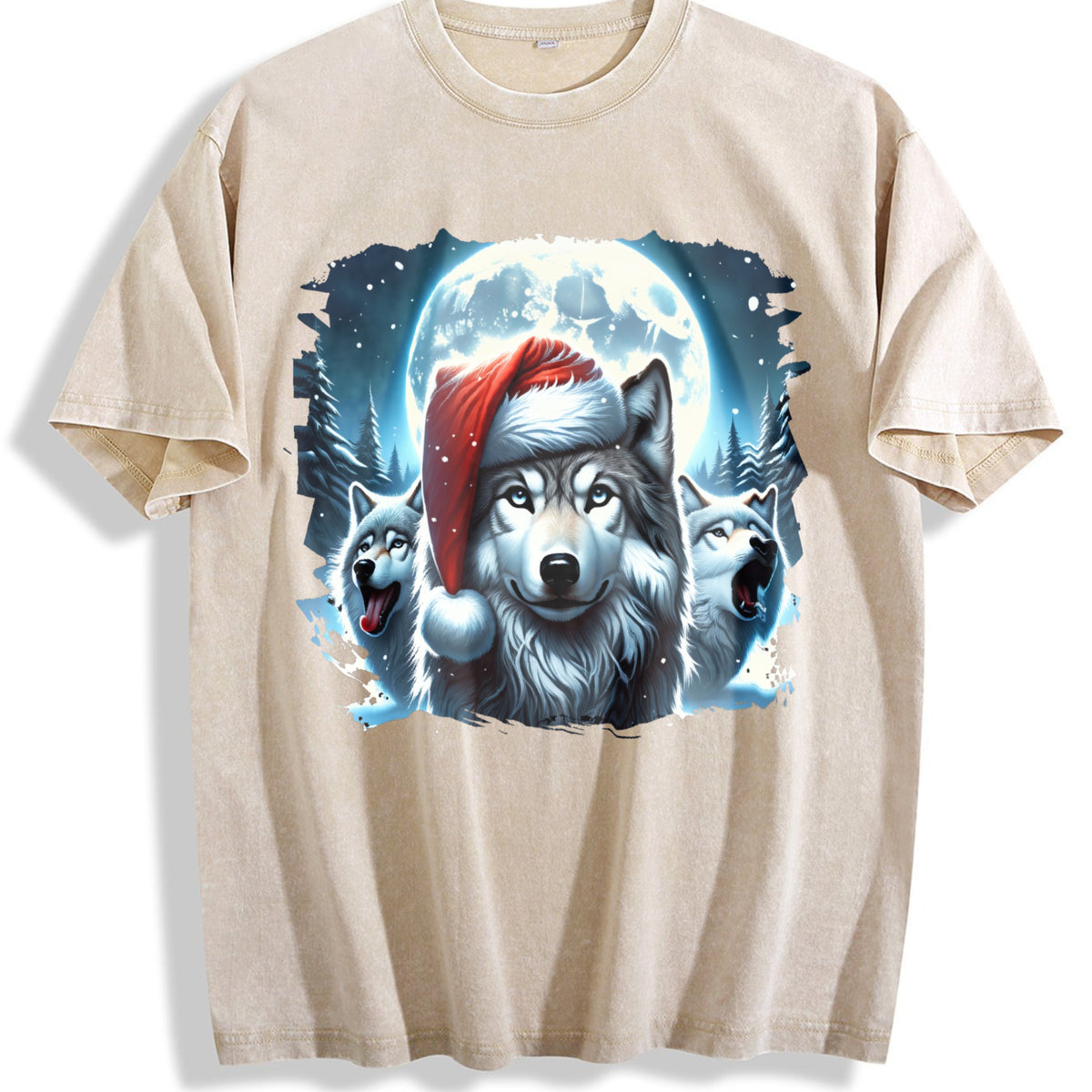 Christmas Wolf Funny Teenager Vintage Washed T-Shirt - Beige