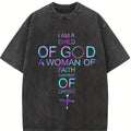 180g 100% Women's Christian Faith T-Shirt - "I Am a of God, A Woman of Faith, A Warrior of Christ" Inspirational Short Sleeve Round Neck Casual Tee with Geometric Print, Machine Washable