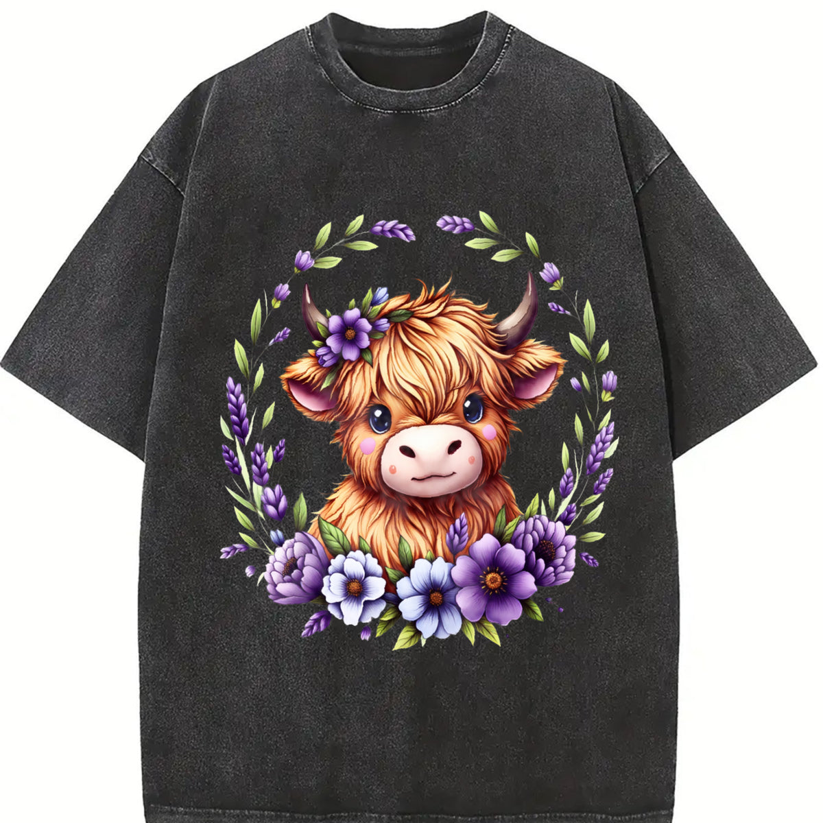 100% Cotton Unisex Baby Highland Cow With Purple Flowers Scottish Farm T-Shirt Casual Top