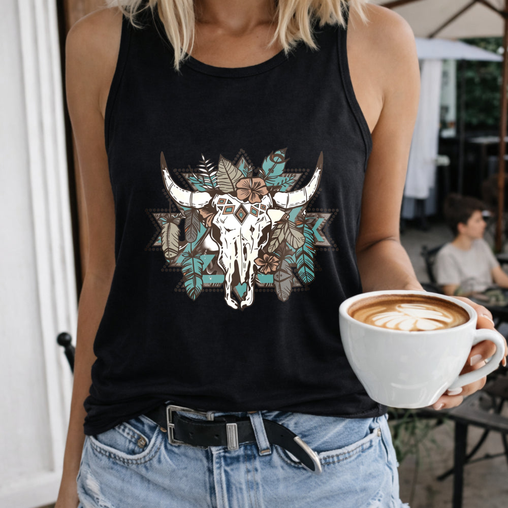Western & Cartoon Cow Skull Women's Tank Top - Black