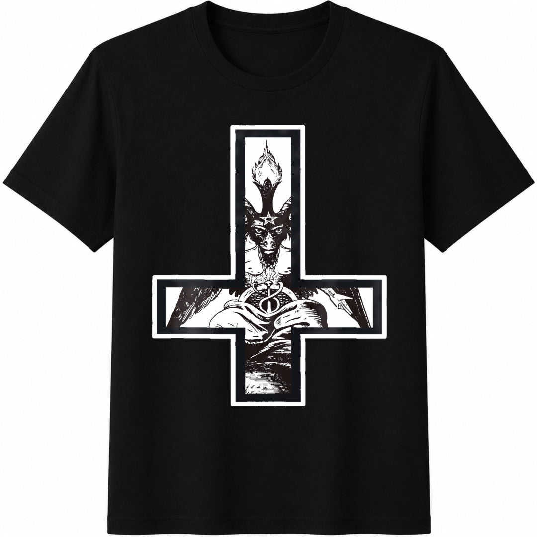 Baphomet Inverted Cross Occult Satanism Hail Satan Cotton T-Shirt - Black