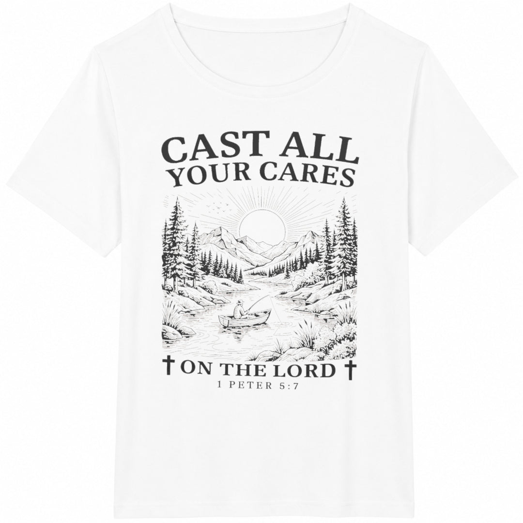 Christian Cast All Your Cares Lord 1 Peter 5:7 Nature River Cotton T-Shirt - product view