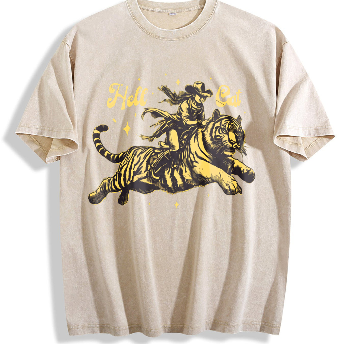 Hell Cat Cowgirl Riding Tiger Vintage Washed T-Shirt - Beige