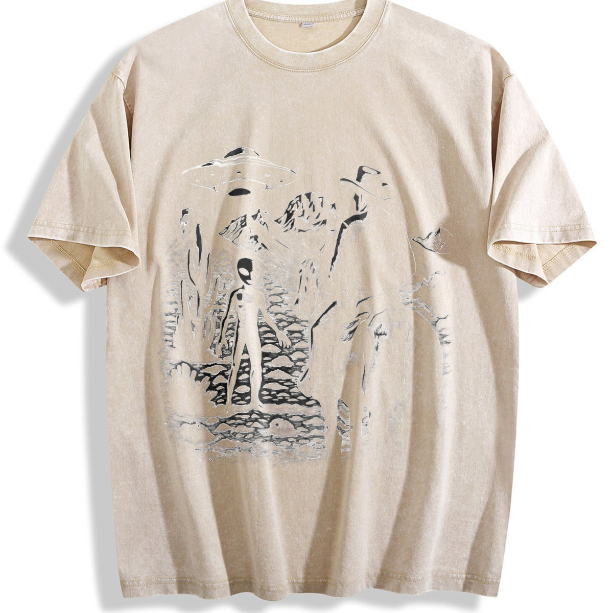 Cowboy UFO Western 90s Vintage Washed T-Shirt - Beige
