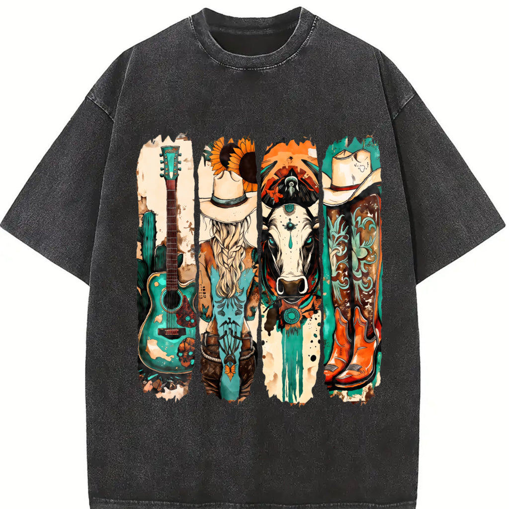 Western Cowgirl Sweatshirt, Cowboy Boots Shirt, Cowprint Sweater, Western Turquoise Sweatshirt, Sunflower, Country popular now, Trendy Western Sweatshirt