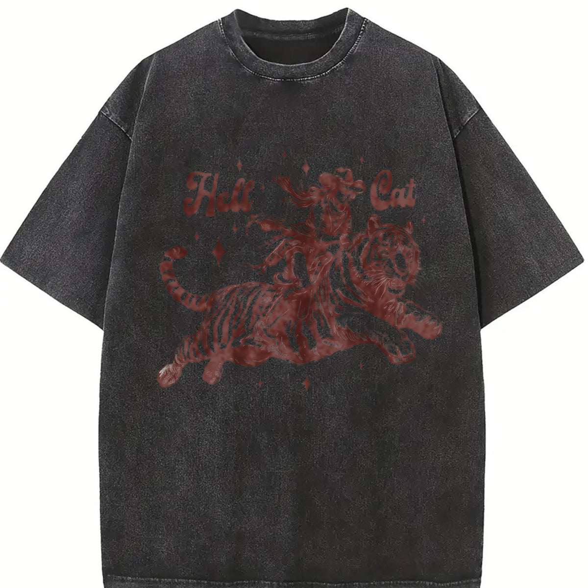 Hell Cat Cowgirl Riding Tiger Vintage Washed T-Shirt - product view