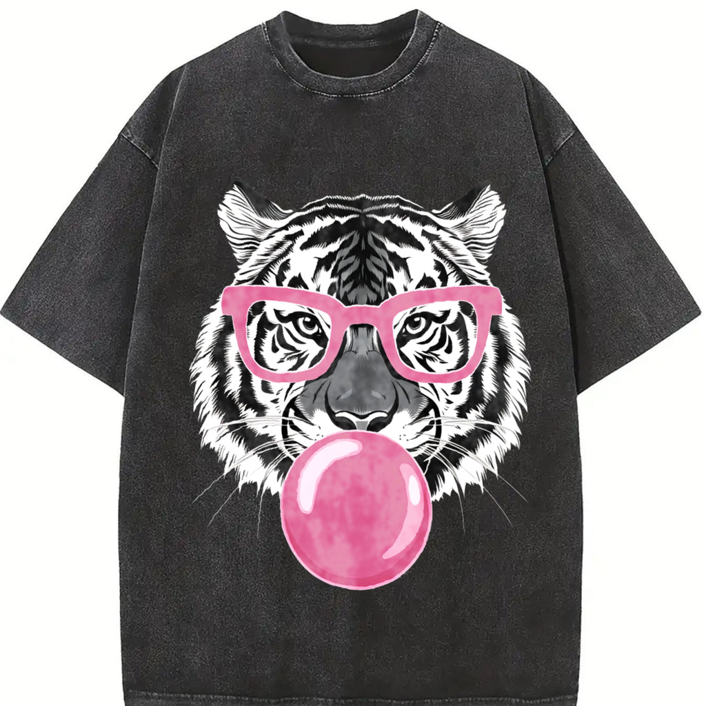 Women's Tiger & Bubble Gum Print Crew Neck Sweatshirt, Casual Long Sleeve Pullover for Daily Wear, Ladies Clothes for Fall & Winter, Hoodie