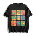 Cute Colorful Dinosaur Grid Illustration Boxy - - - Kidcore Cotton T-Shirt - Black
