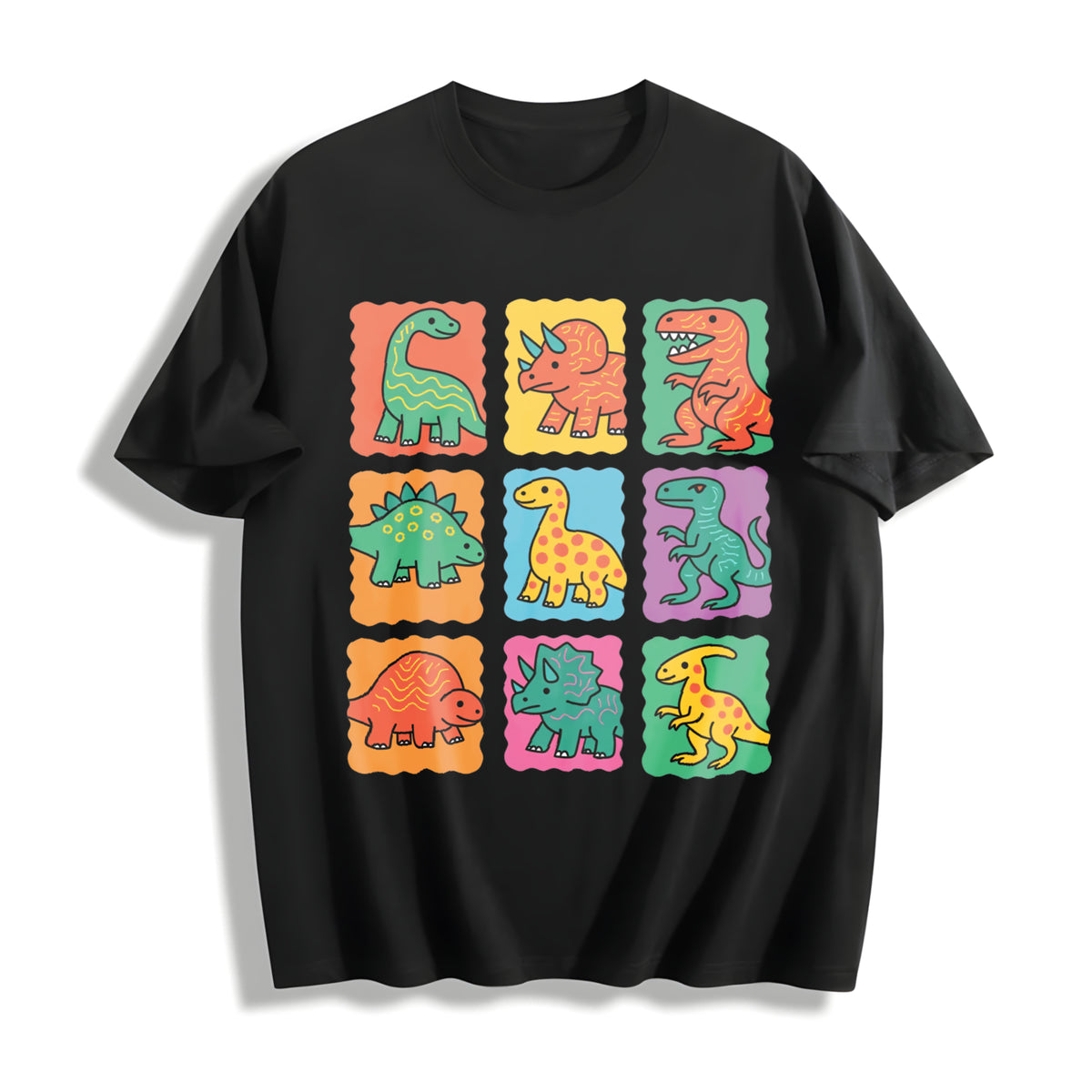 Cute Colorful Dinosaur Grid Illustration Boxy - - - Kidcore Cotton T-Shirt - Black