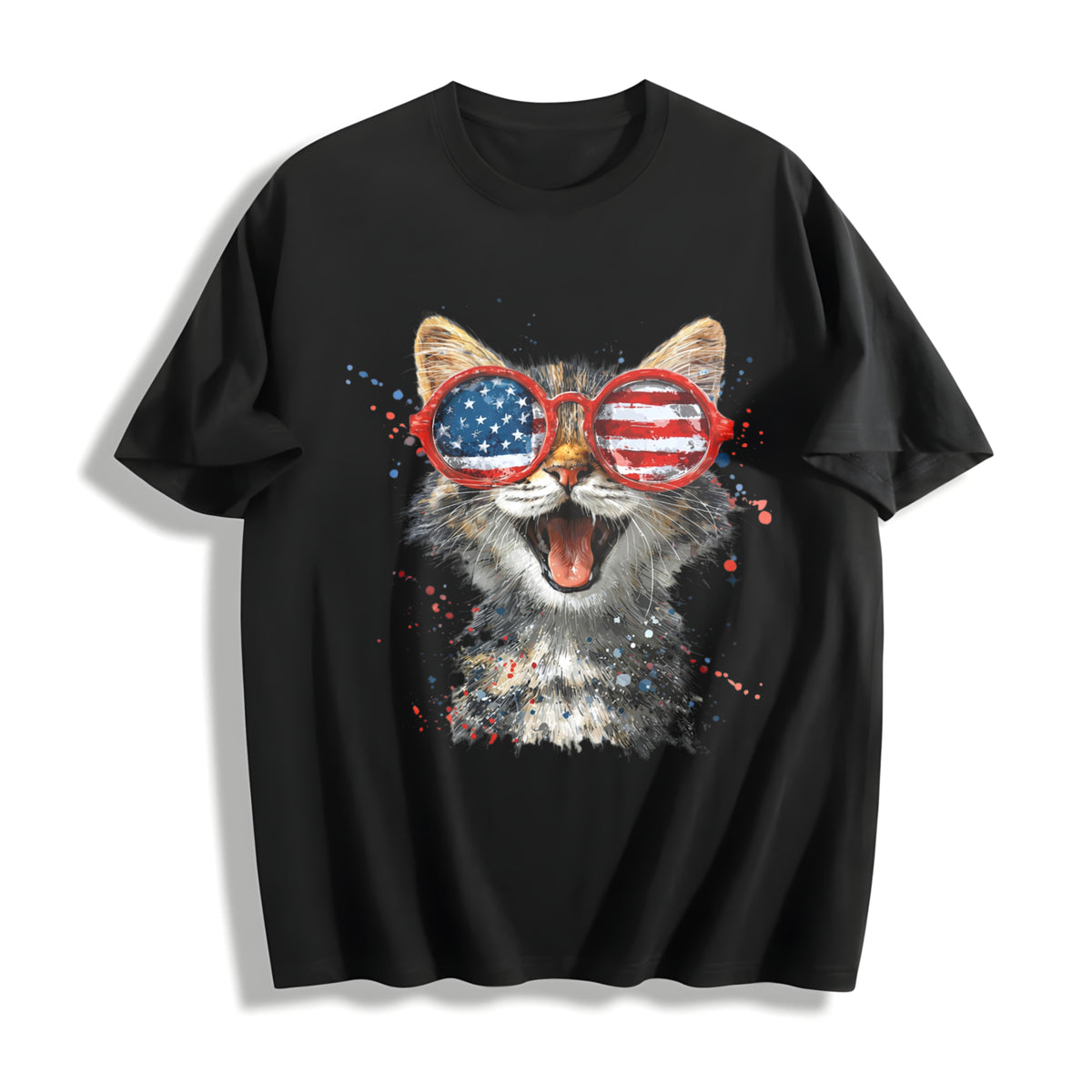 Funny Patriotic Cat Cotton T-Shirt - Black