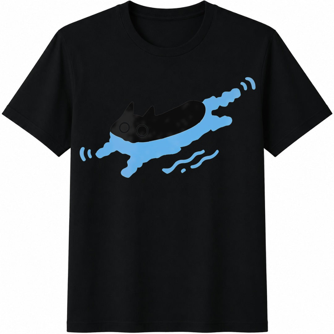 Cute Black Cat Swimming Summer -- Cotton T-Shirt - Black