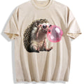 Grunge Vibes For Explorers: Hedgehog In Pink Shades Vintage Washed T-Shirt - Beige