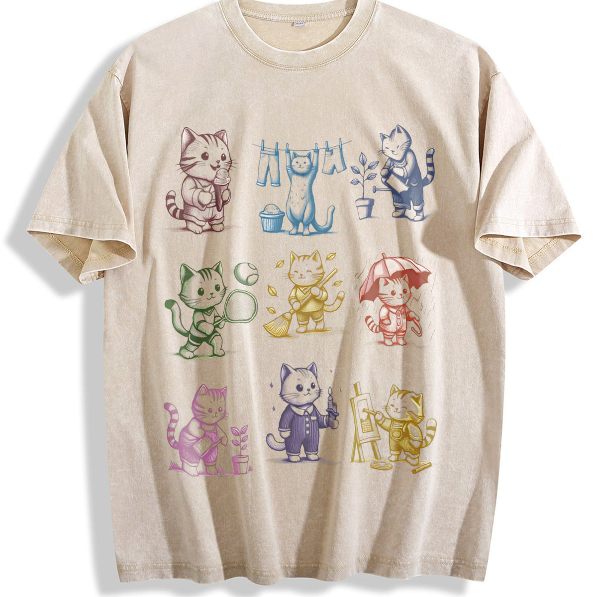 Cat 90s Tattoo Vintage Washed T-Shirt - Beige