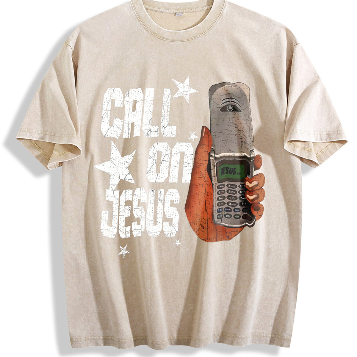 Call On Jesus Flip Phone White Religious Vintage Washed T-Shirt - Beige