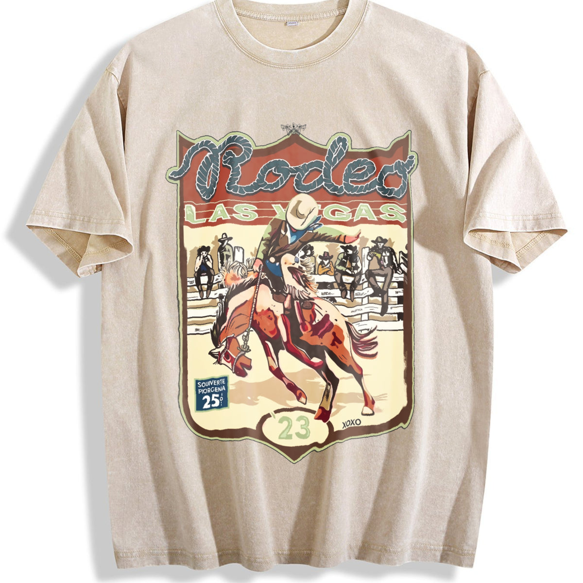 Las Vegas Rodeo Cowboy Vintage Washed T-Shirt - Beige