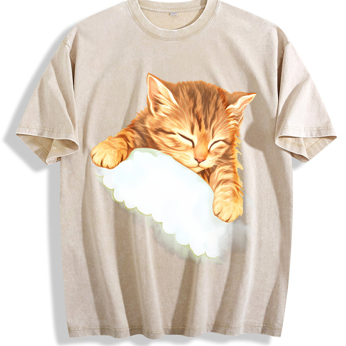 Sleeping Kitten Vintage Washed T-Shirt - Beige