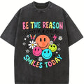 Women's Smile Face & Flower Print Round Neck Tee, Fashion Casual Crew Neck Short Sleeve T-Shirt for Daily Holiday Vacation Outdoor Wear, Ladies Clothes for All Seasons, Top