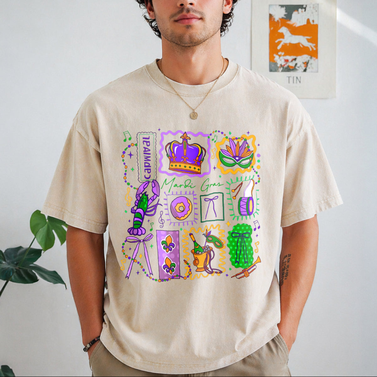 Mardi Gras Doodle Icons Vintage Washed T-Shirt - product view