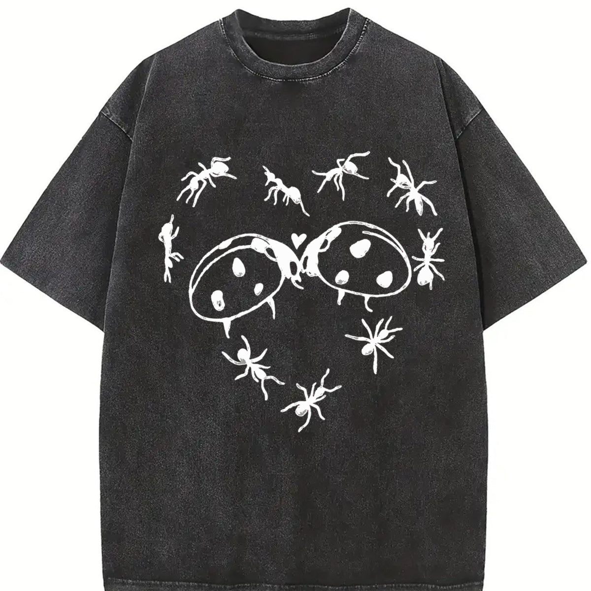Unisex Oversize Washed Batik Cotton T-Shirt - Ants, Ladybugs, Heart Prints, Super Soft, Pre-Shrunk, Streetwear Menswear Top