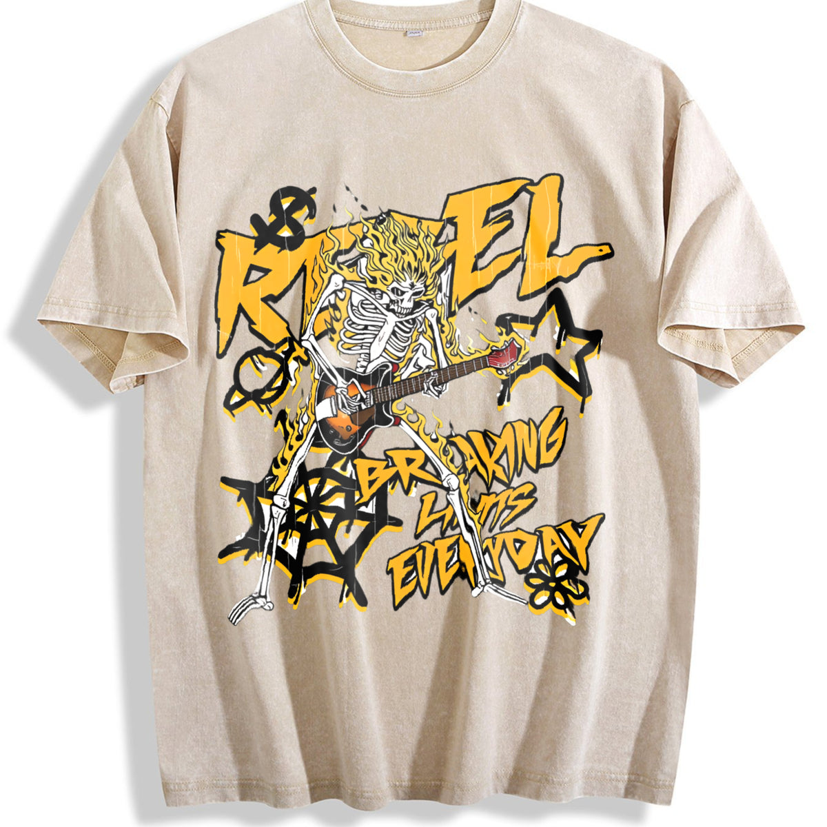 Faded Pure A Flame Skull 'rebel' Rock Vintage Washed T-Shirt - Beige